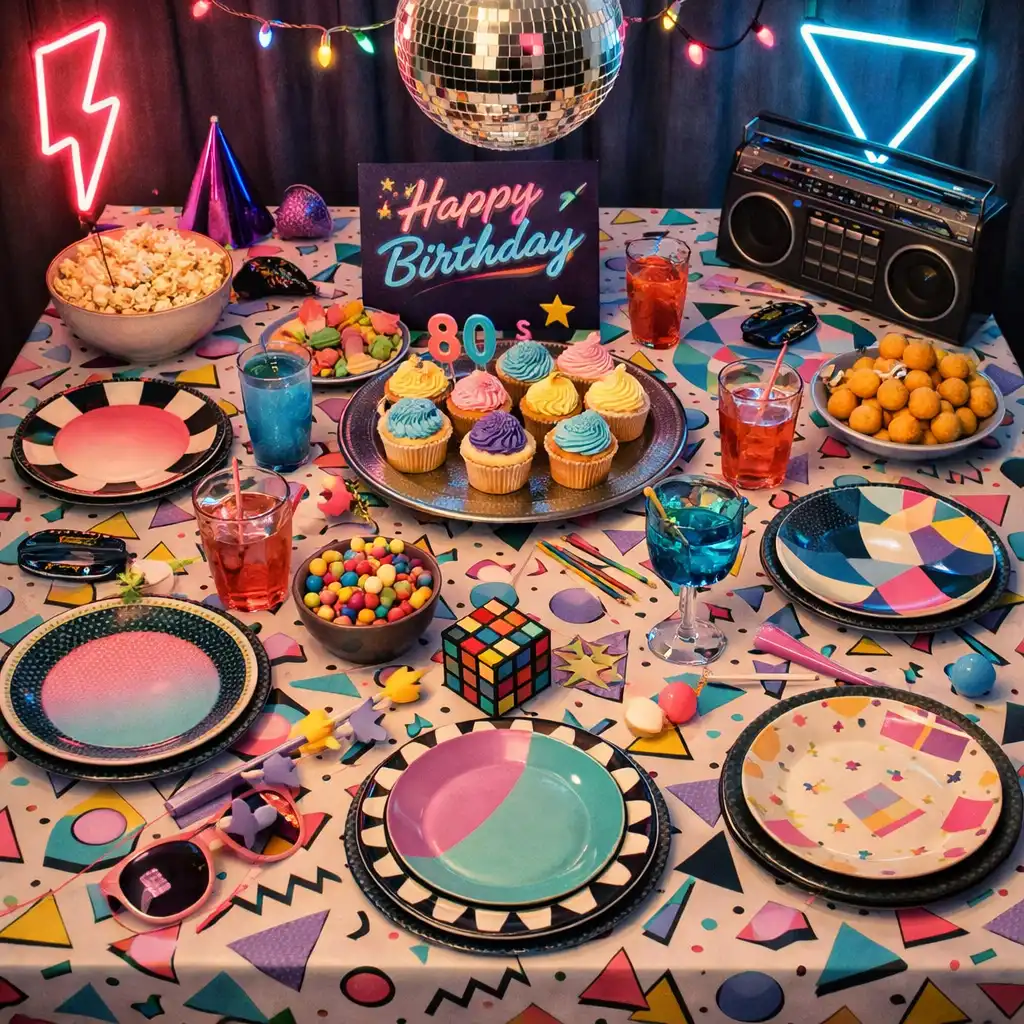 Table de fête d’anniversaire avec thème rétro années 80, boule à facettes et néons colorés