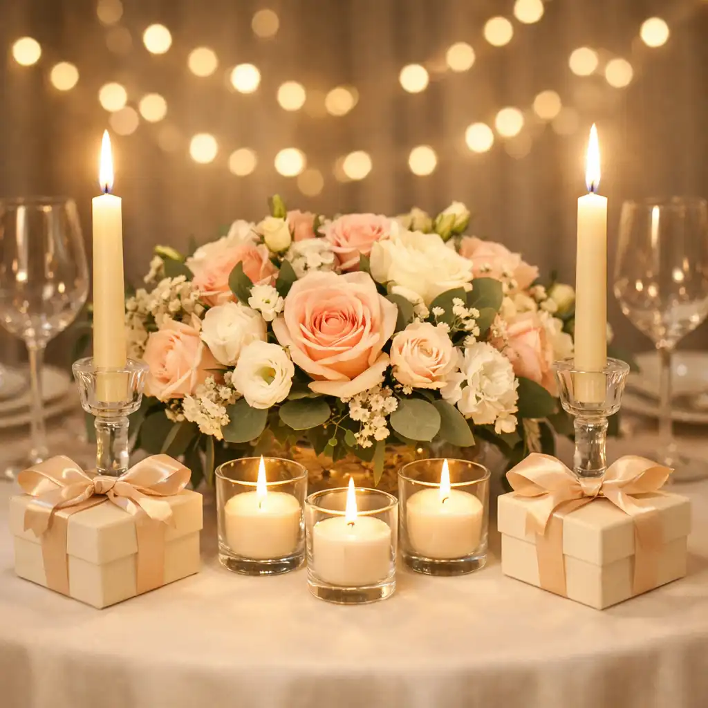 Gros plan sur une décoration d’anniversaire élégante avec centre de table floral et bougies allumées