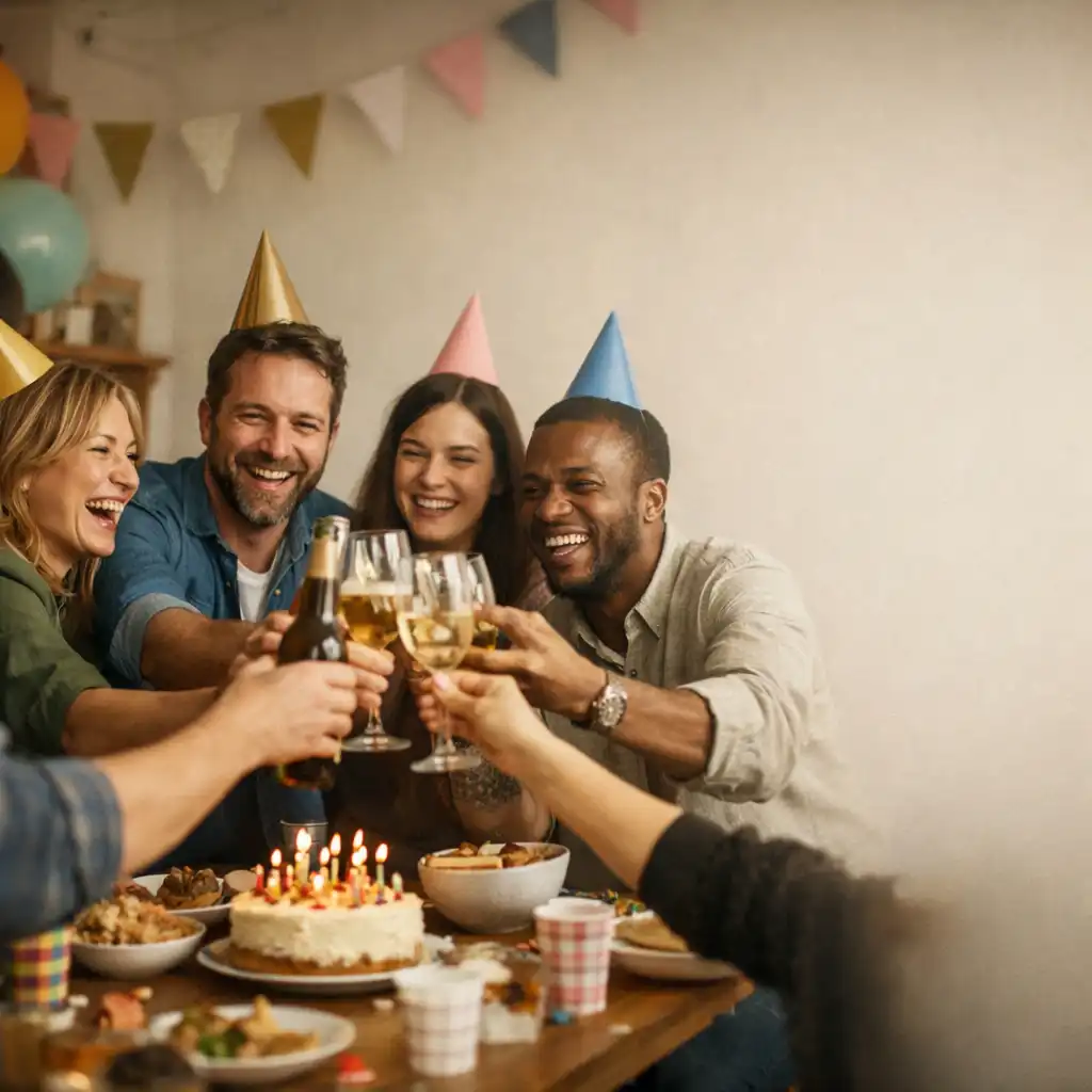 Groupe d’amis adultes trinquant et riant autour d’une table d’anniversaire décorée de guirlandes et de ballons colorés