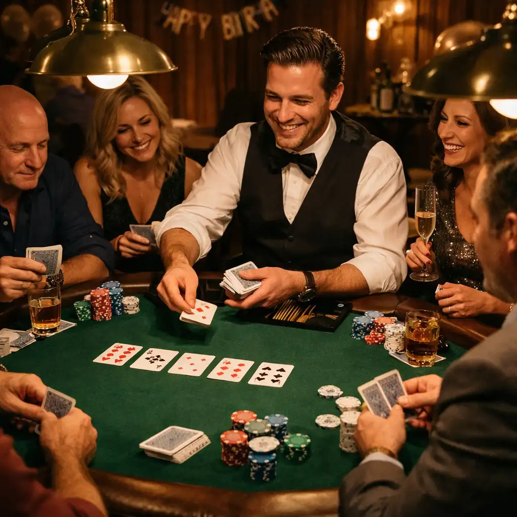 Invités adultes jouant autour d’une table de poker physique avec cartes et jetons réels lors d’une soirée d’anniversaire