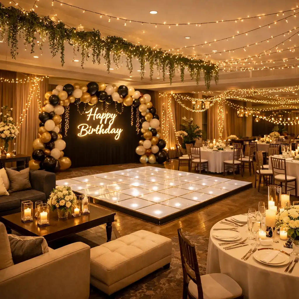 Salle de réception aménagée pour un anniversaire avec piste de danse, coin lounge et tables rondes dressées
