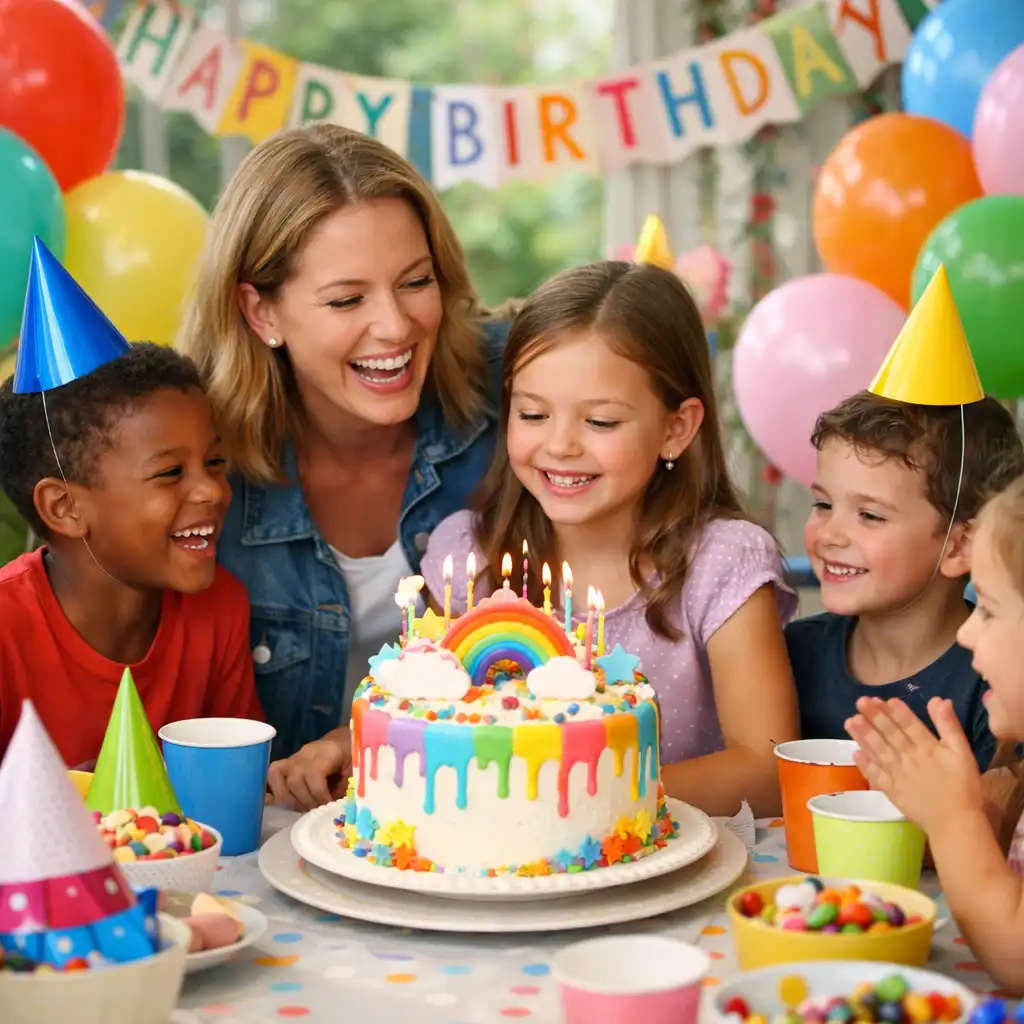 Fête d’anniversaire avec gâteau décoré, ballons et invités souriants