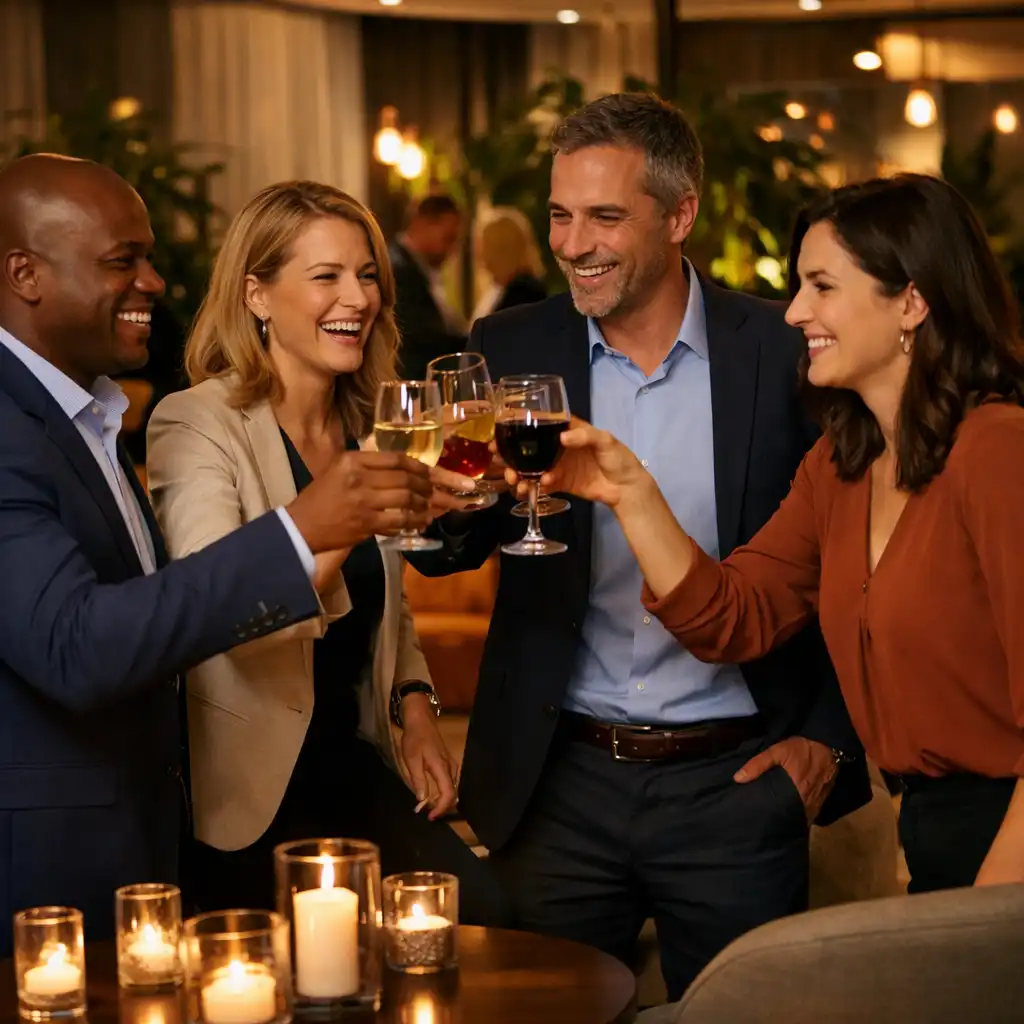 Collaborateurs souriants trinquant dans un espace lounge chaleureux lors d’une soirée d’entreprise