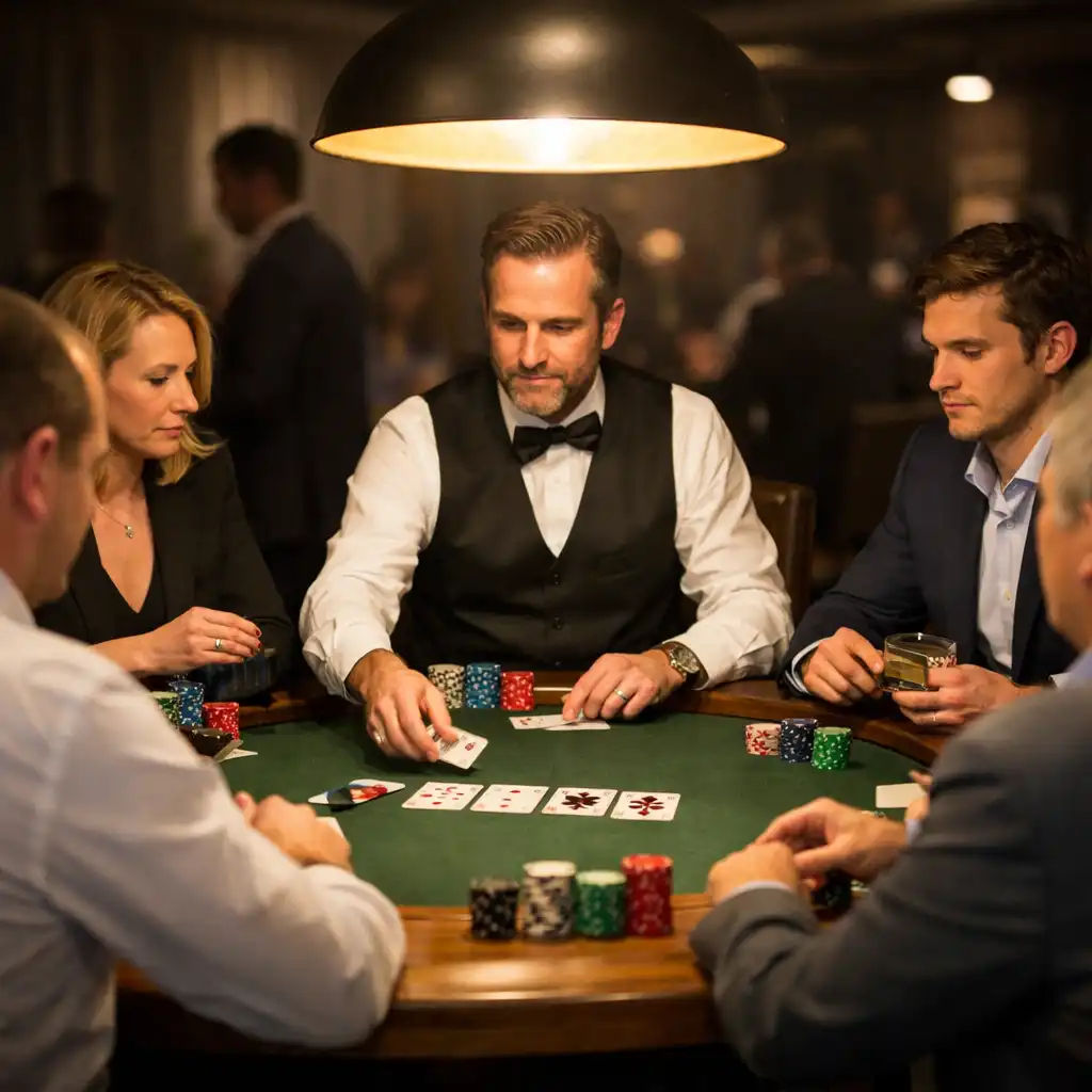 Participants en tenue professionnelle autour d’une vraie table de poker physique lors d’un événement corporate