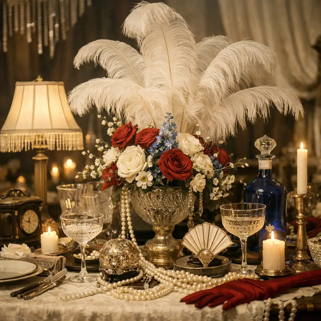Table dressée avec décoration vintage, plumes et fleurs pour une soirée thématique