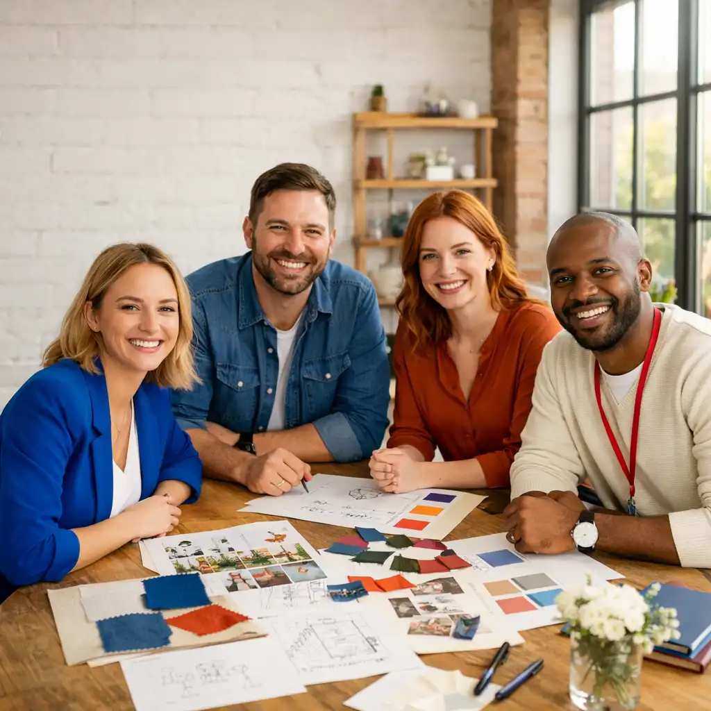 Groupe de personnes souriantes réunies autour d’une table lors d’une réunion de conception d’événement, avec des croquis et des moodboards