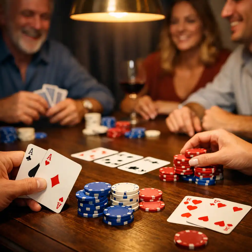 Table de poker physique en bois sombre entourée de personnes souriantes jouant avec de vraies cartes et des jetons colorés