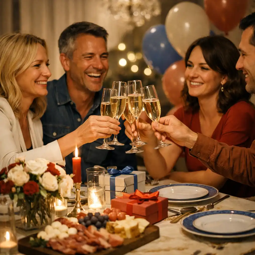 Invités souriants lors d’un anniversaire privé dans un salon élégant