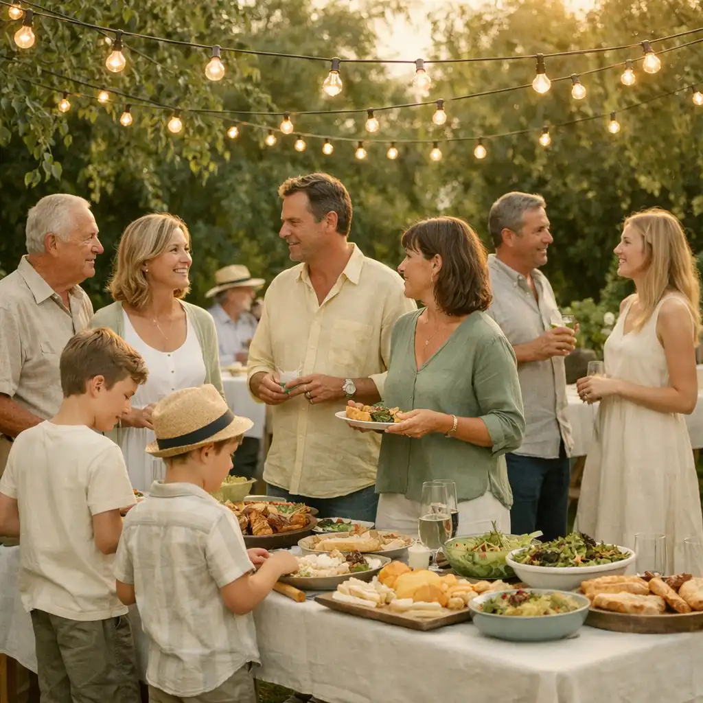Réception familiale dans un jardin avec buffet et guirlandes lumineuses