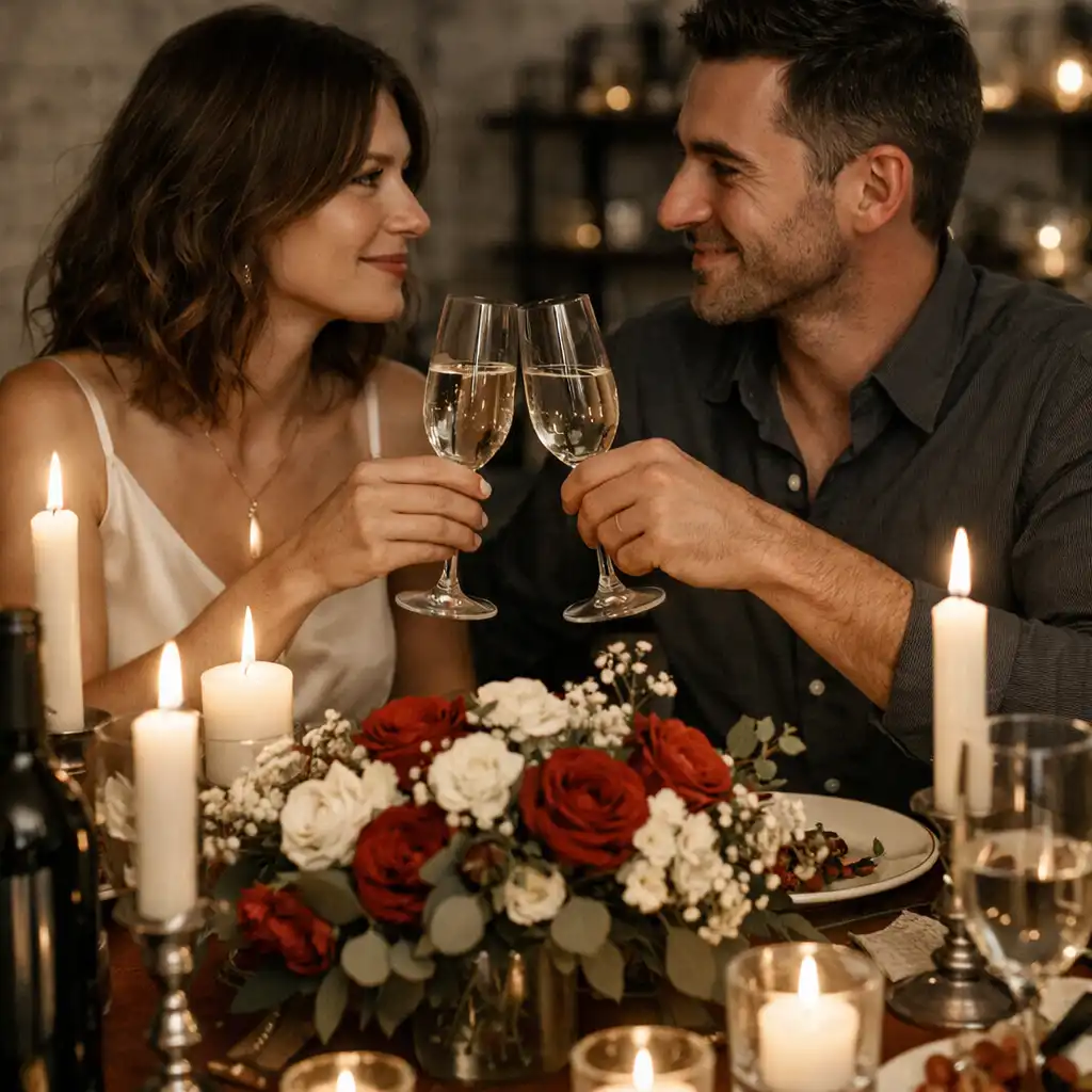 Couple portant un toast lors d’une célébration intime dans un loft