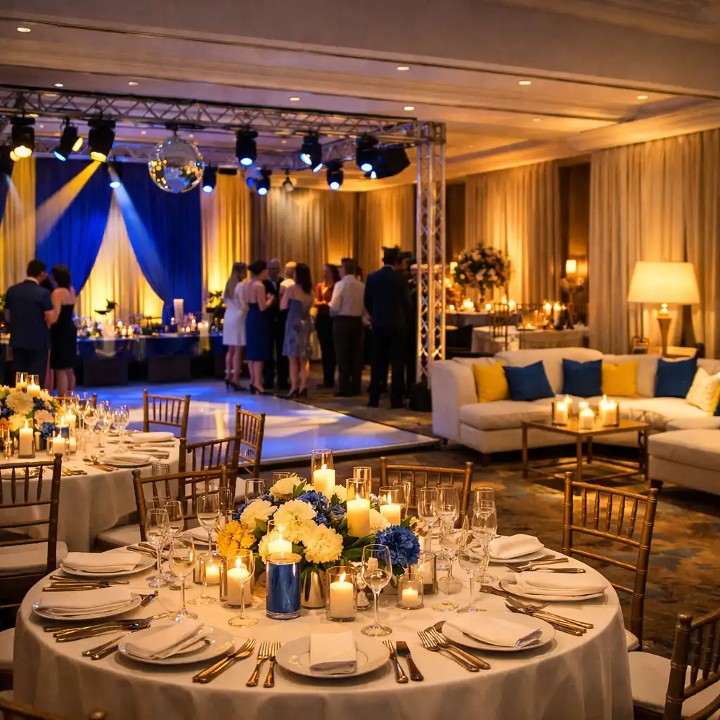 Espace de réception transformé avec tables rondes, éclairage d’ambiance et coin lounge