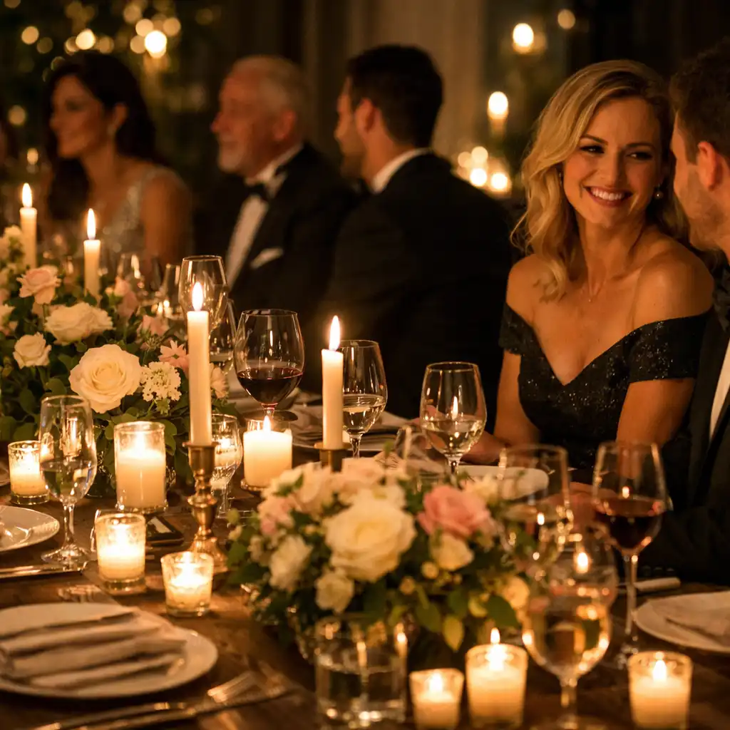 Réception privée avec table dressée avec élégance et bougies