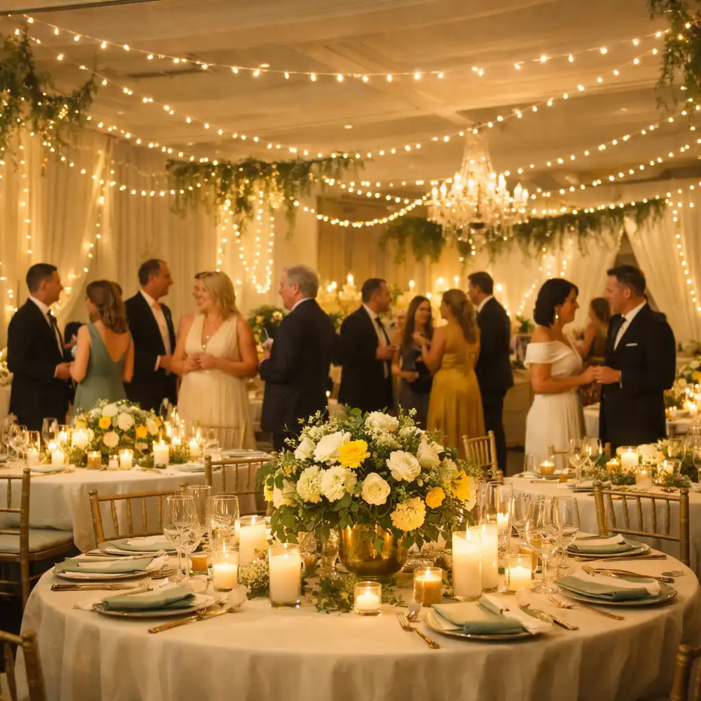 Salle de réception élégamment décorée pour un événement privé, avec guirlandes lumineuses et centres de table floraux