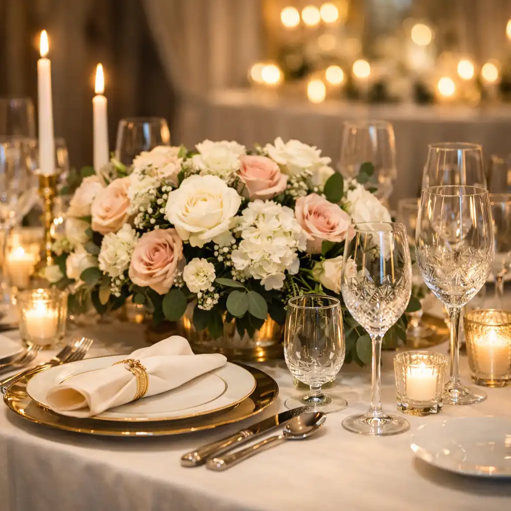 Table de banquet élégante avec vaisselle raffinée et centre de table floral