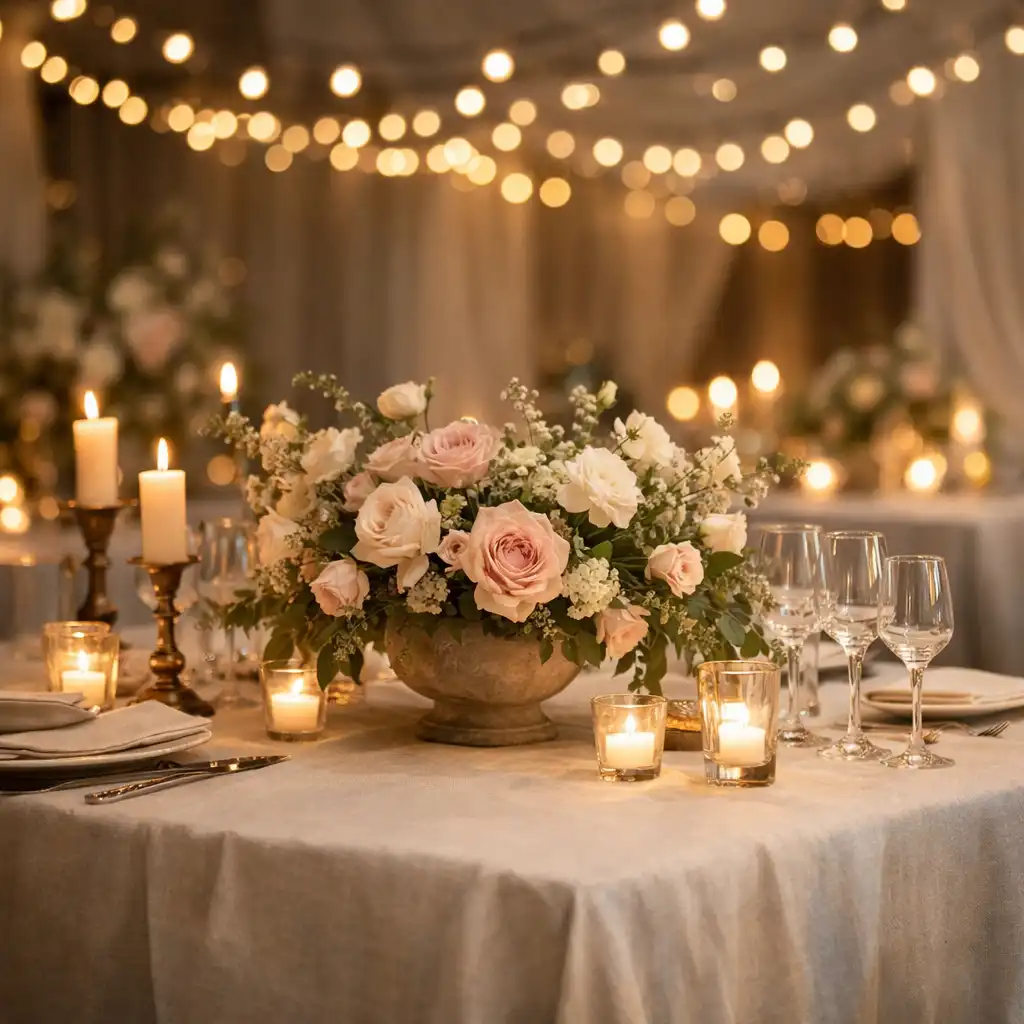 Décoration d’événement élégante avec guirlandes lumineuses et compositions florales