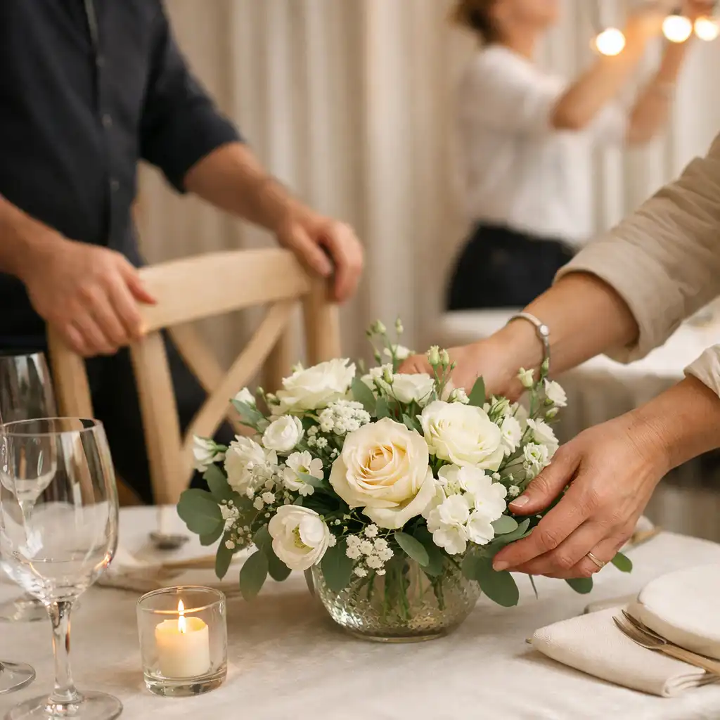 Organisateurs préparant une salle de réception avec des centres de table floraux
