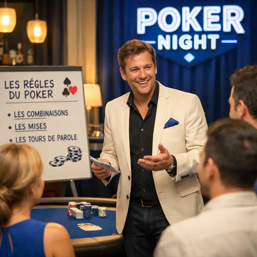 Animateur souriant expliquant les règles du poker à un petit groupe de participants