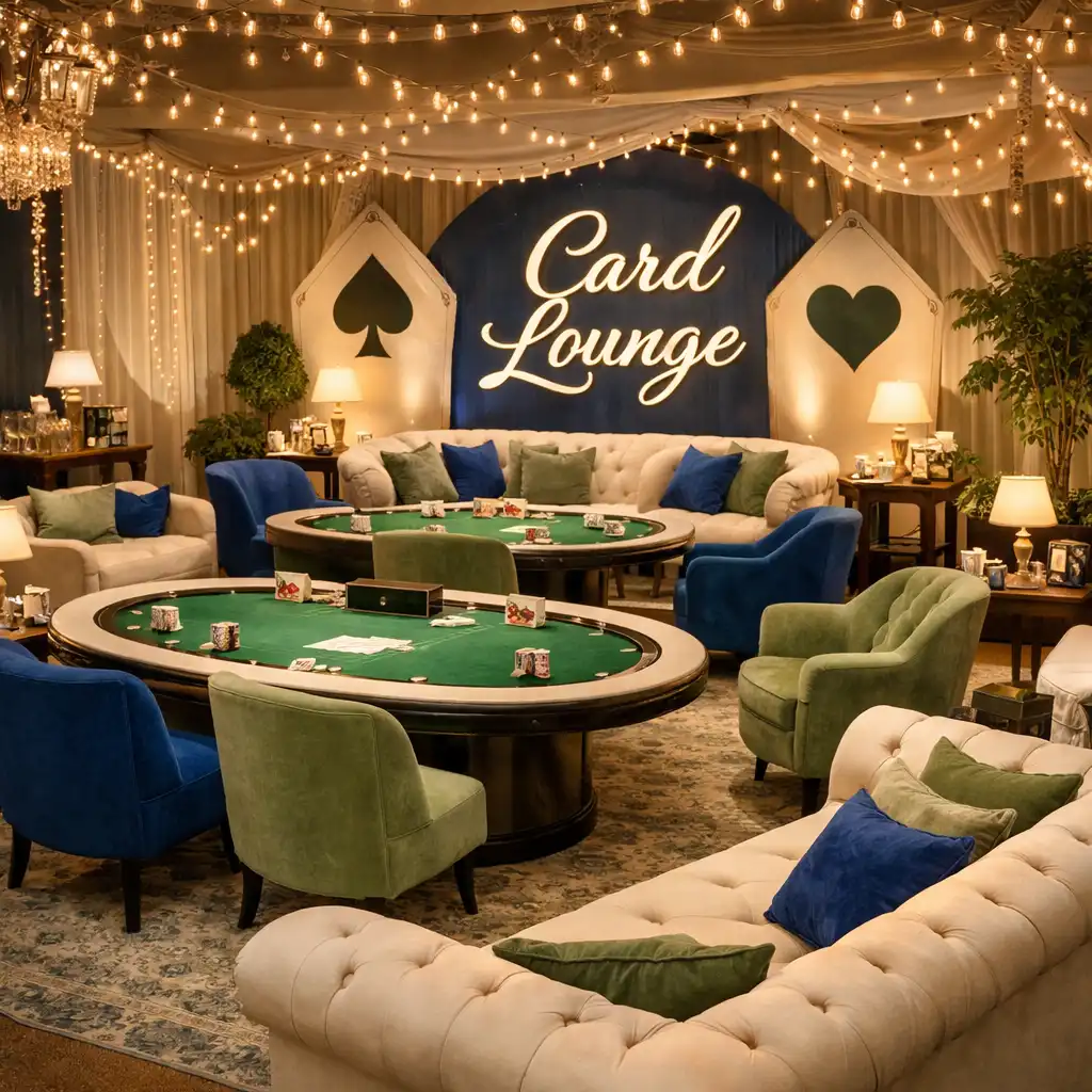 Vue d’un Card Lounge aménagé avec tables de poker, sièges confortables et décoration thématique