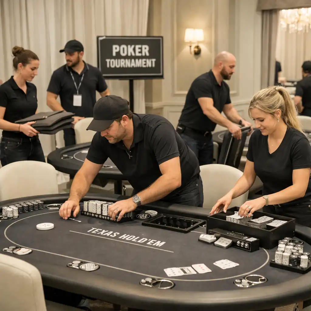 Équipe événementielle en train de préparer un espace poker avec tables et accessoires