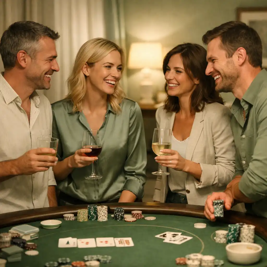 Invités souriants en train de discuter près d’une table de poker à la fin d’une soirée