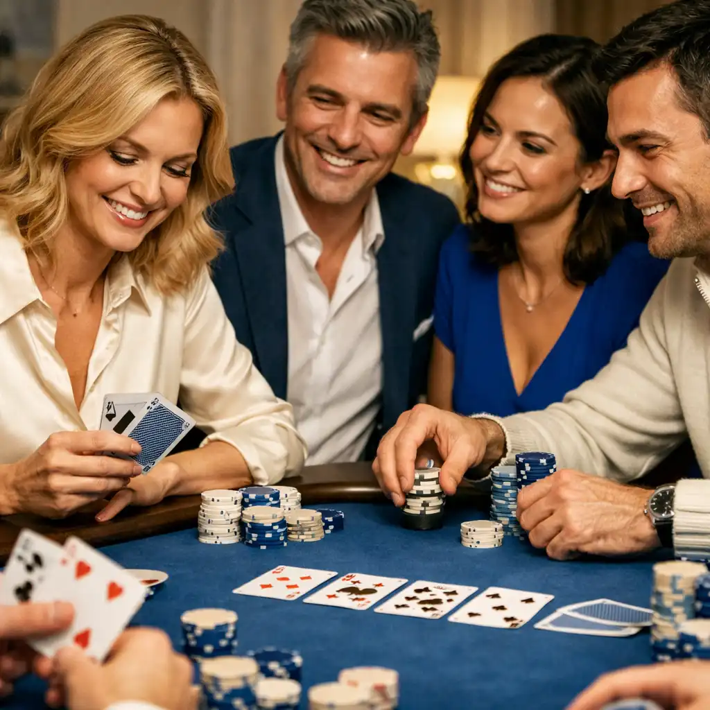 Personnes réunies autour d’une table de poker physique dans une ambiance chaleureuse
