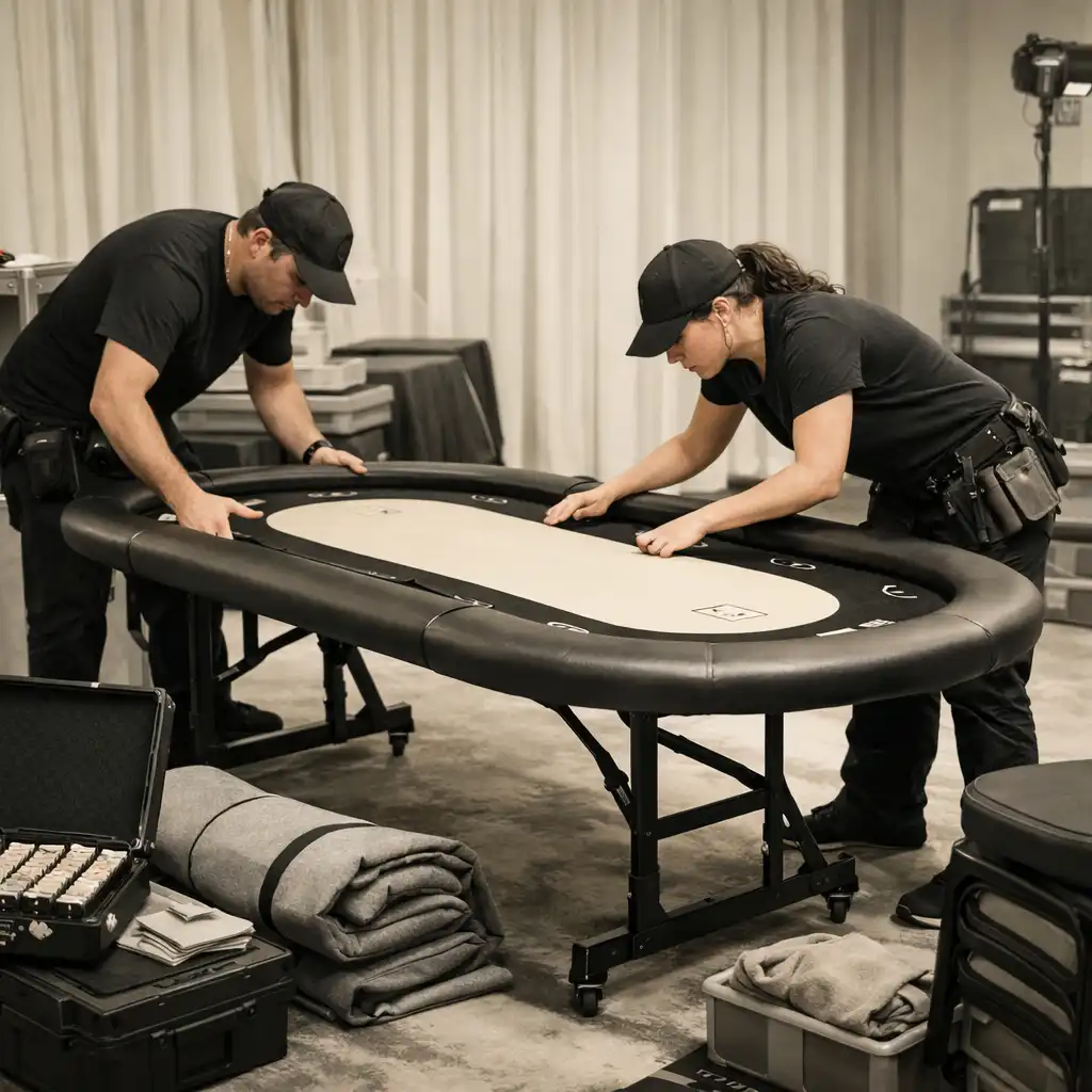 Équipe en train d’installer une table de poker dans un espace événementiel