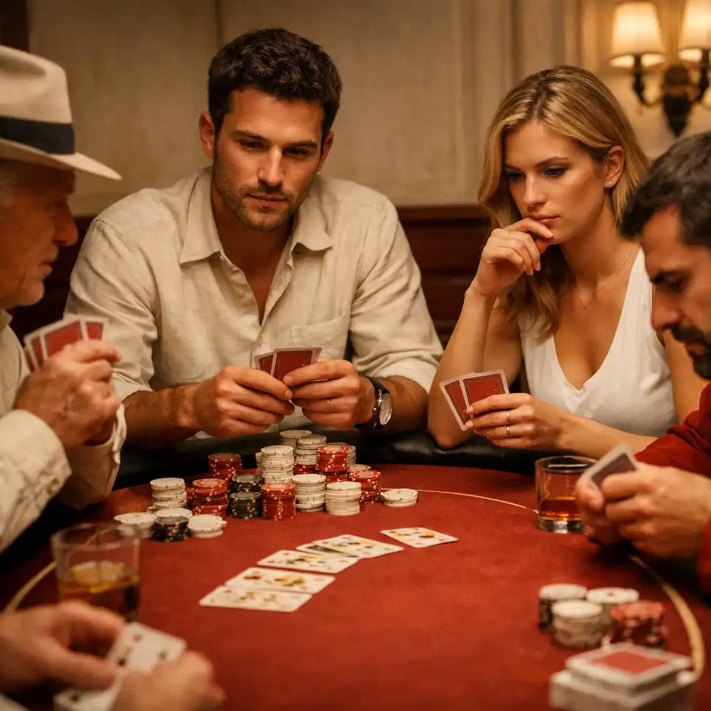Joueurs concentrés autour d’une table de poker physique, cartes en main et jetons au centre