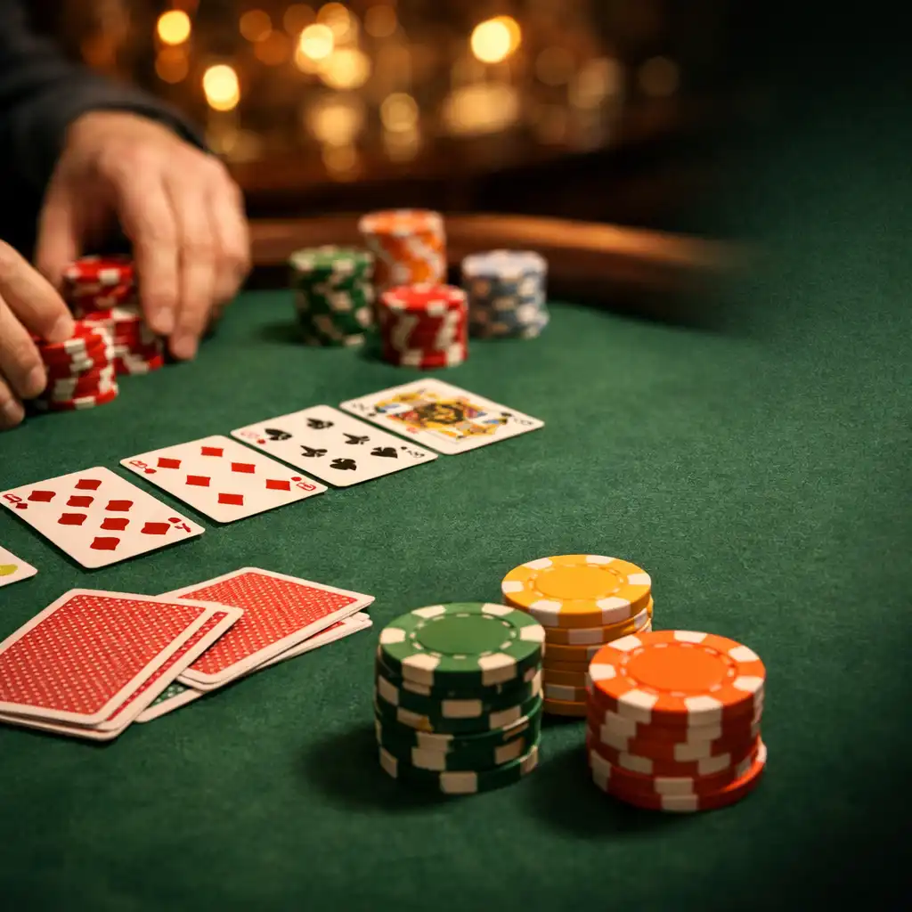 Table de poker physique avec cartes et jetons réels lors d’une animation en présentiel
