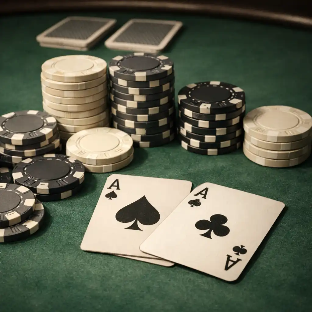 Gros plan sur une vraie table de poker avec tapis, cartes et jetons