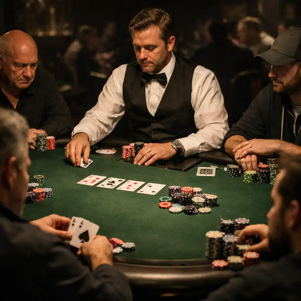 Table de poker physique avec joueurs, cartes et jetons réels