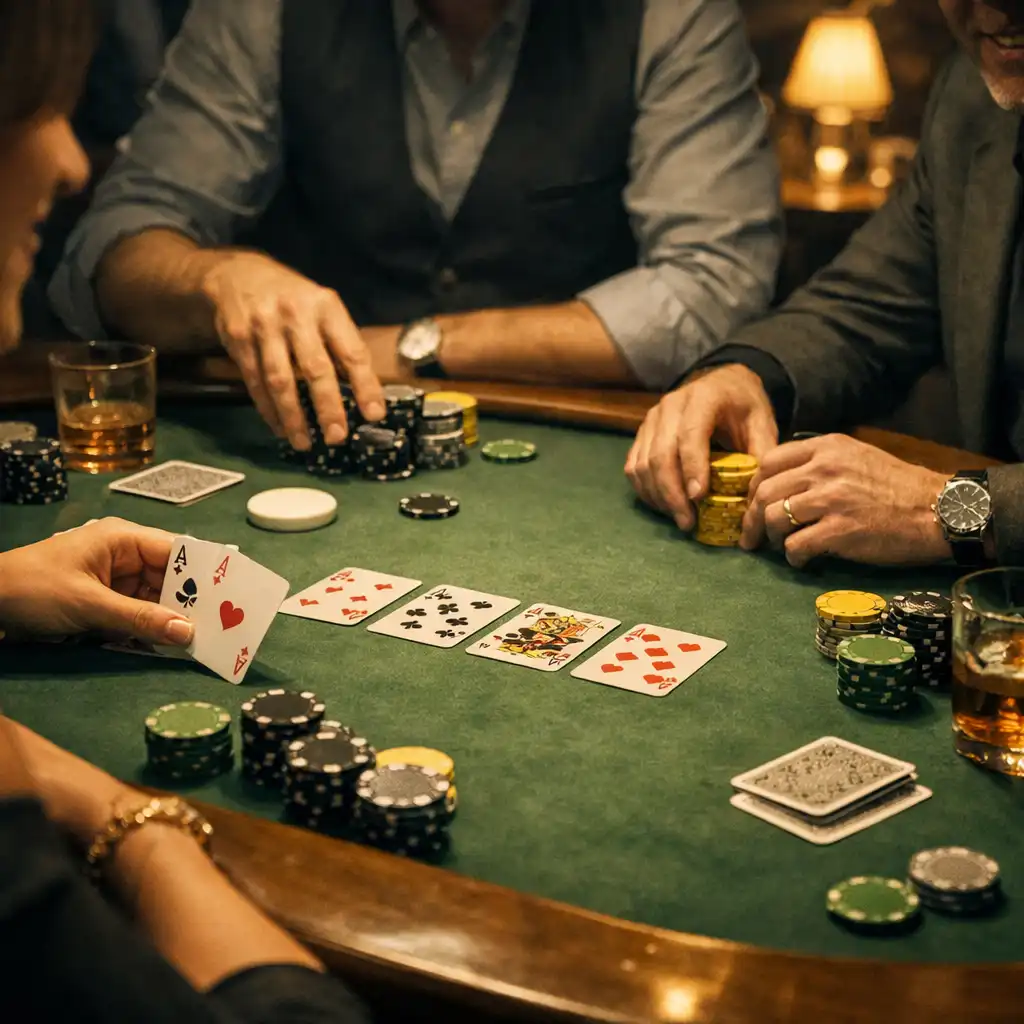 Participants souriant autour de vraies tables de poker en bois avec cartes et jetons