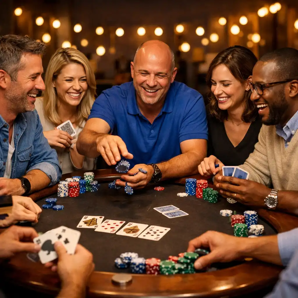 Groupe de collègues réunis autour d’une table de poker physique lors d’un team building