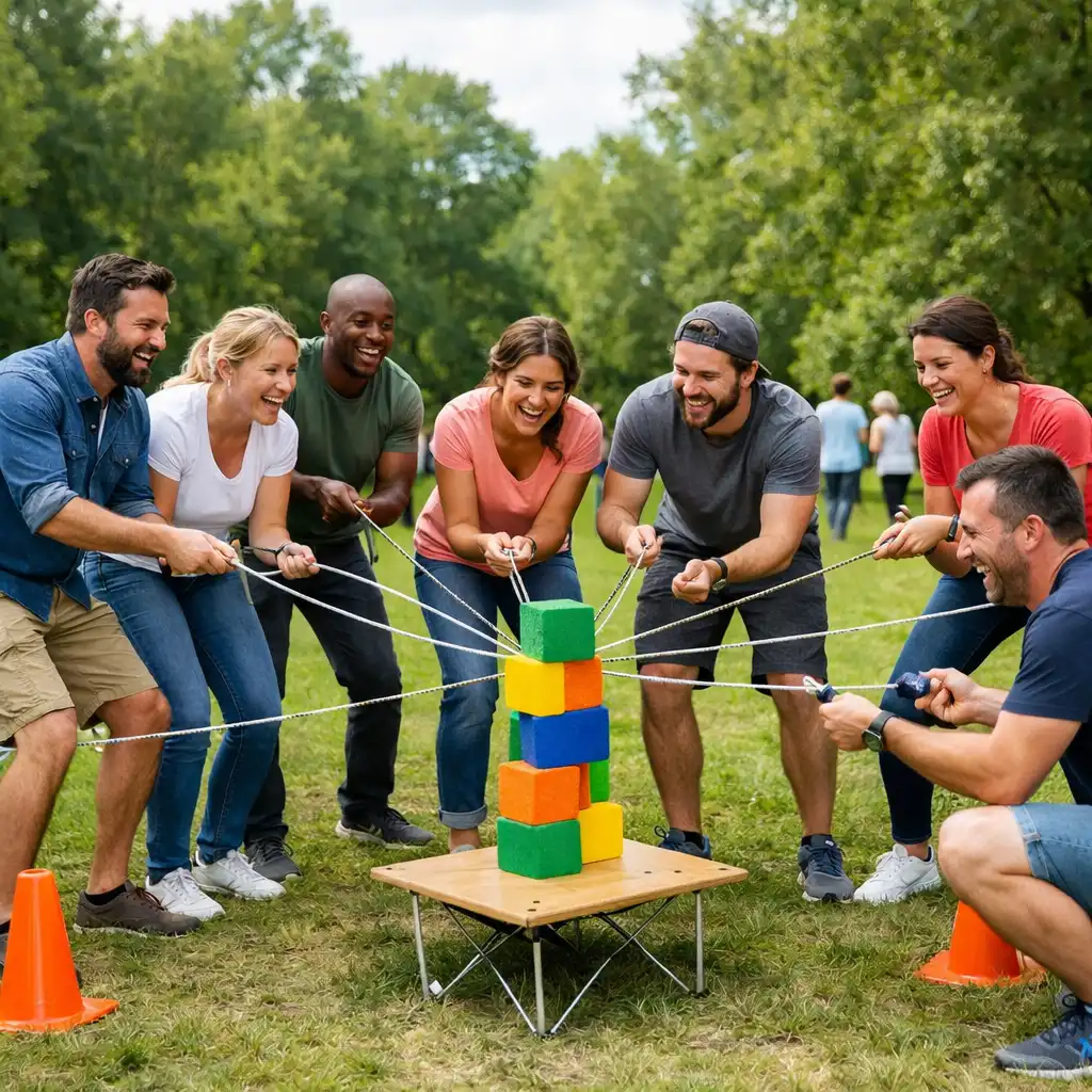 Groupe de collègues participant à une activité ludique en extérieur